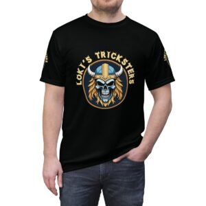 Viking Skull Patch - Text Loki's Tricksters - Multiple Colors on Black - Unisex Tee - T-Shirt