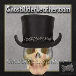 Black Leather Deadman Top Hat with Chrome Chain - HAT8-11-DL