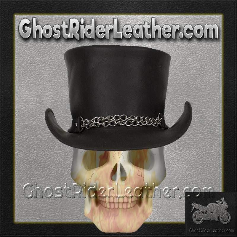 Black Leather Deadman Top Hat with Chrome Chain - HAT8-11-DL