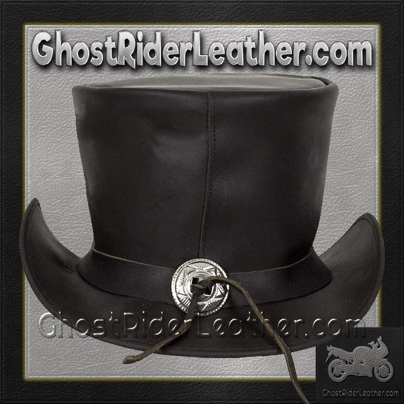 Black Leather Deadman Top Hat with Chrome Chain - HAT8-11-DL - Image 3