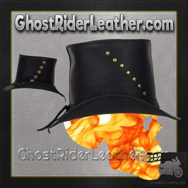 Black Leather Top Hat with Brass Studs / SKU GRL-HAT15-11-DL - Image 2