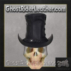 Black Leather Top Hat with Chrome Skull / SKU GRL-HAT14-11-DL