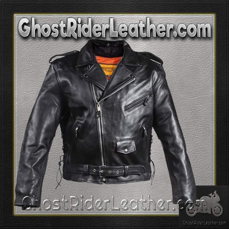 Leather Motorcycle Police Style Jacket with Side Laces and Vents - Up To Size 72 - SKU MJ201-SS-DL - Image 9