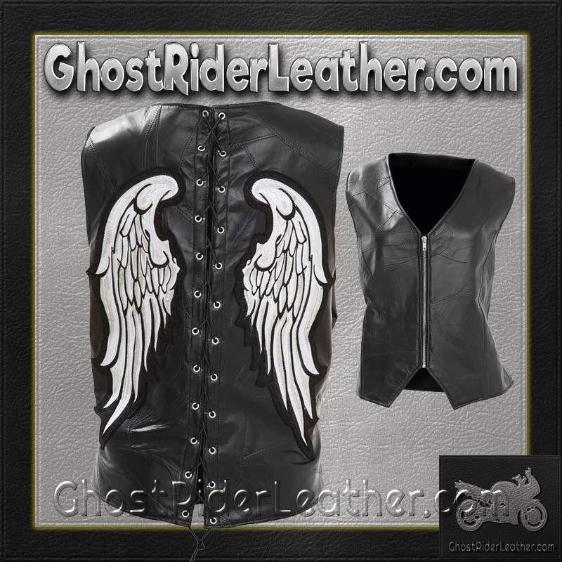 Diamond Plate Ladies Rock Design Genuine Leather Angel Wing Vest - SKU GFVLAW-BF - Image 2