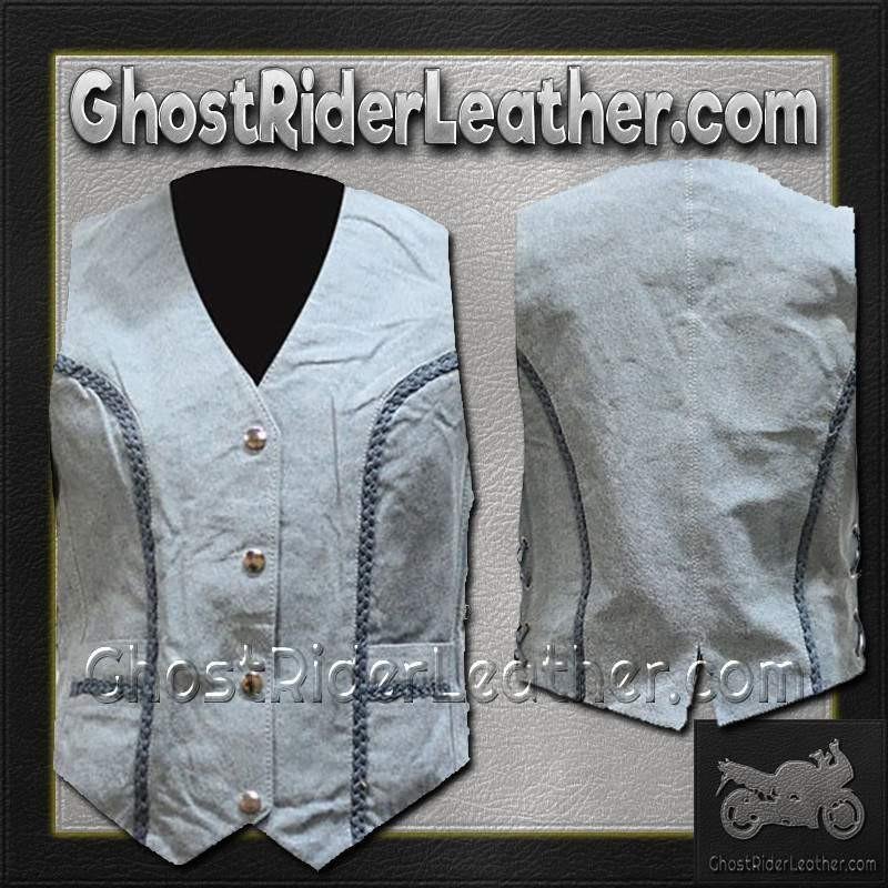 Women's Blue Leather Vest with Side Laces and Braid Design - SKU LV221-15-DL