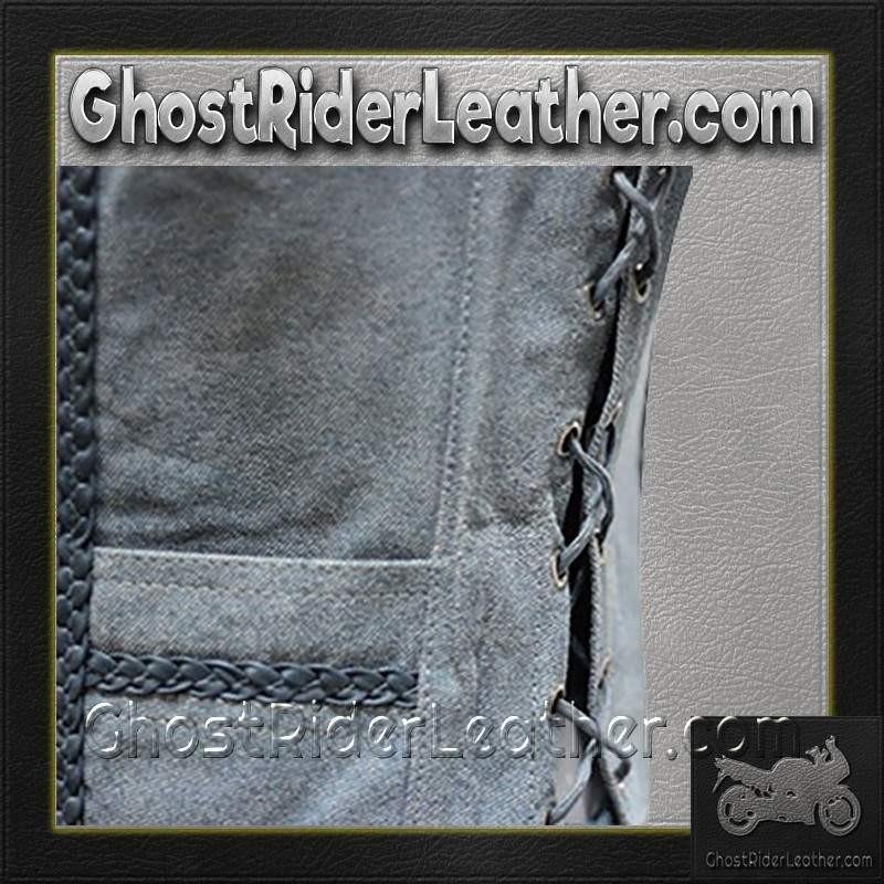 Women's Blue Leather Vest with Side Laces and Braid Design - SKU LV221-15-DL - Image 3
