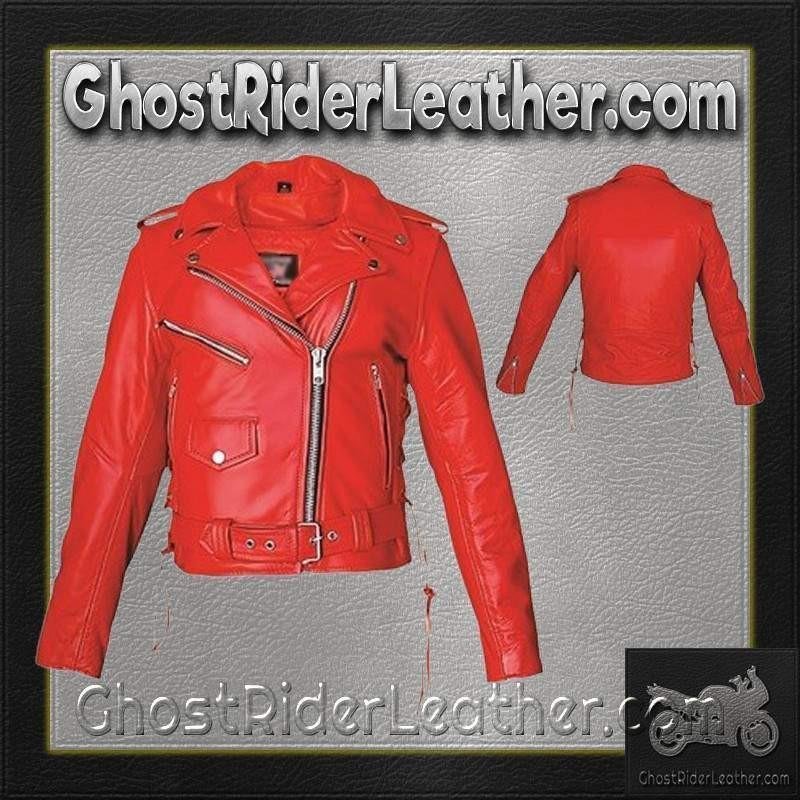 Ladies Classic Biker Red Leather Motorcycle Jacket - SKU AL2122-AL - Image 5