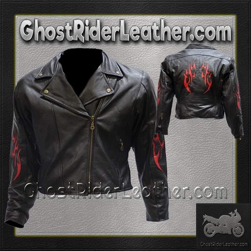 Leather Motorcycle Jacket - Women's - Red Flames - LJ254-DL - Image 3