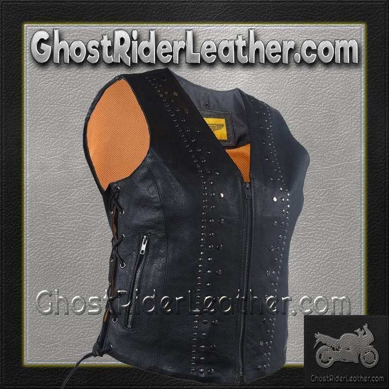 Women's Leather Motorcycle Vest with Satin Nickel Studs - SKU LV8510-DL - Image 7