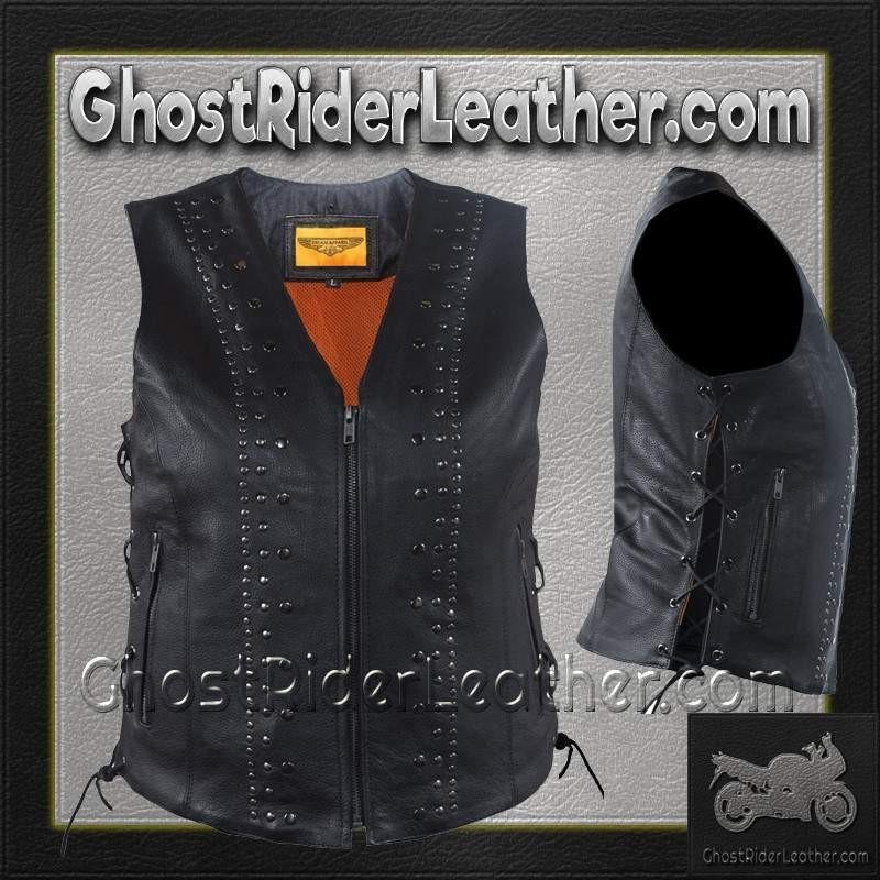 Women's Leather Motorcycle Vest with Satin Nickel Studs - SKU LV8510-DL - Image 8