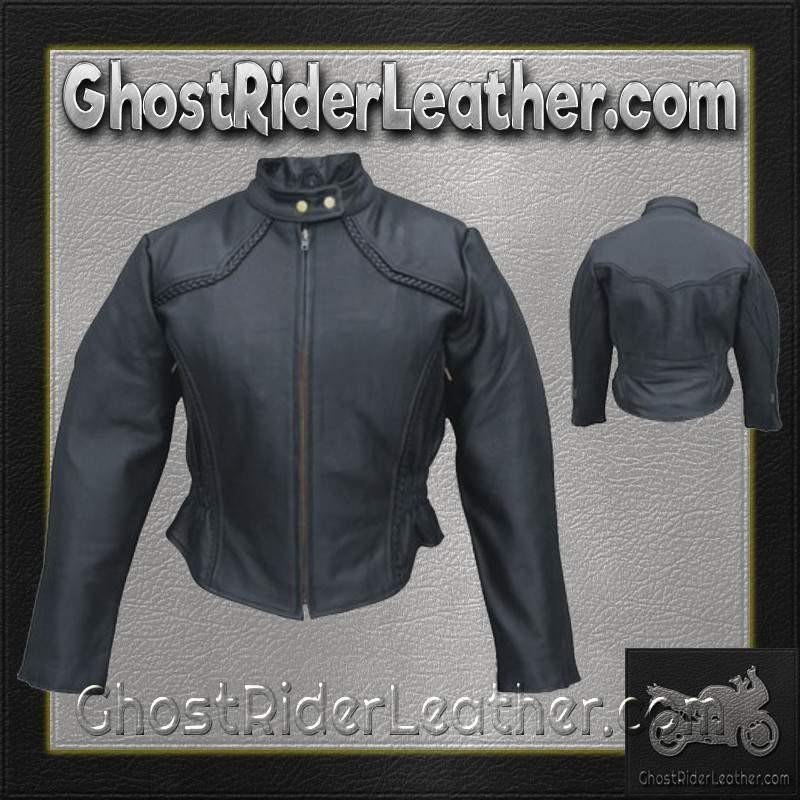Women's Racer Biker Leather Jacket With Braid Trim - SKU AL2142-AL - Image 2