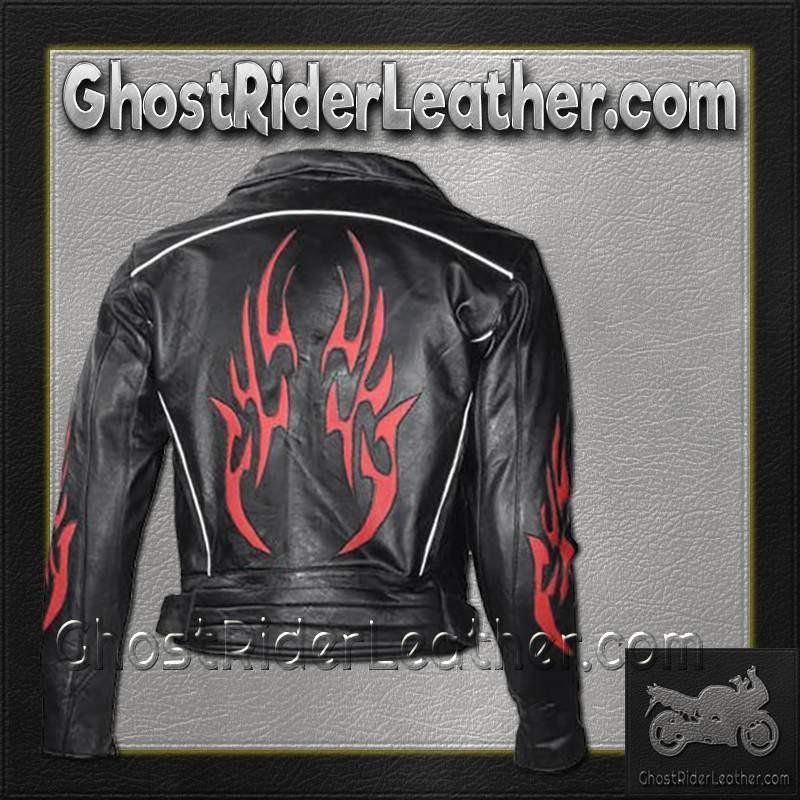 Leather Motorcycle Jacket -Men's - Red Flames and Reflective Piping - MJ781-DL
