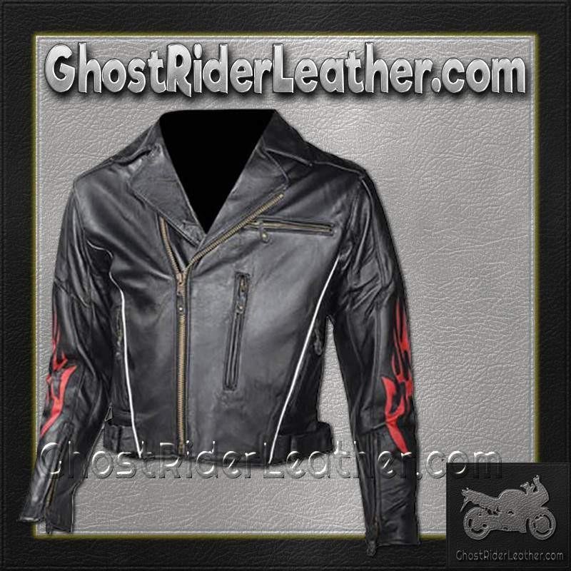 Leather Motorcycle Jacket -Men's - Red Flames and Reflective Piping - MJ781-DL - Image 2
