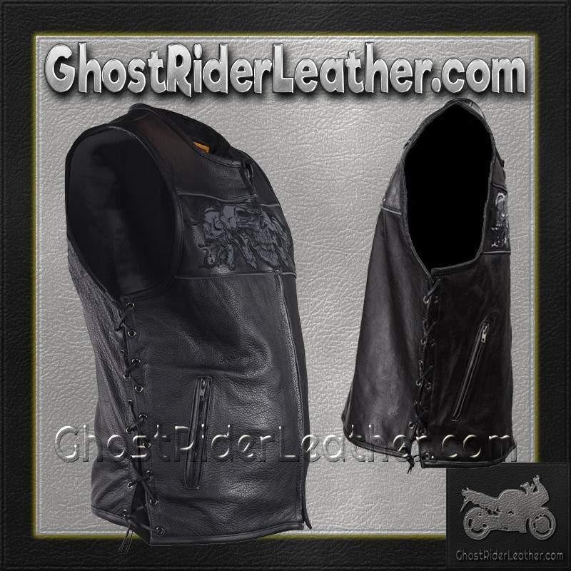 Mens Leather Vest with Night Reflective Skulls and Concealed Carry Pockets / SKU MV8025-DL - Image 8