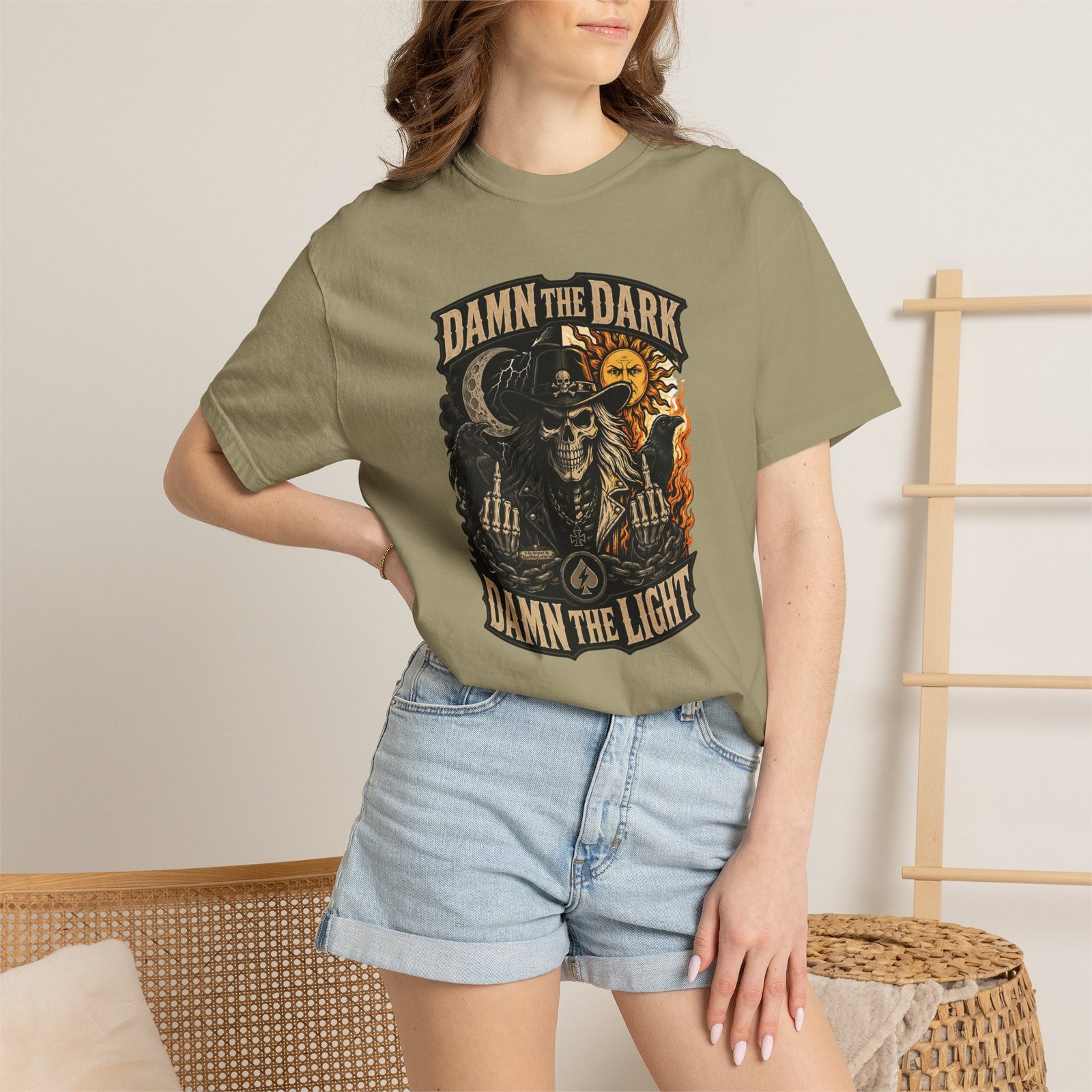 Damn the Dark, Damn the Light Skull Biker T-shirt.