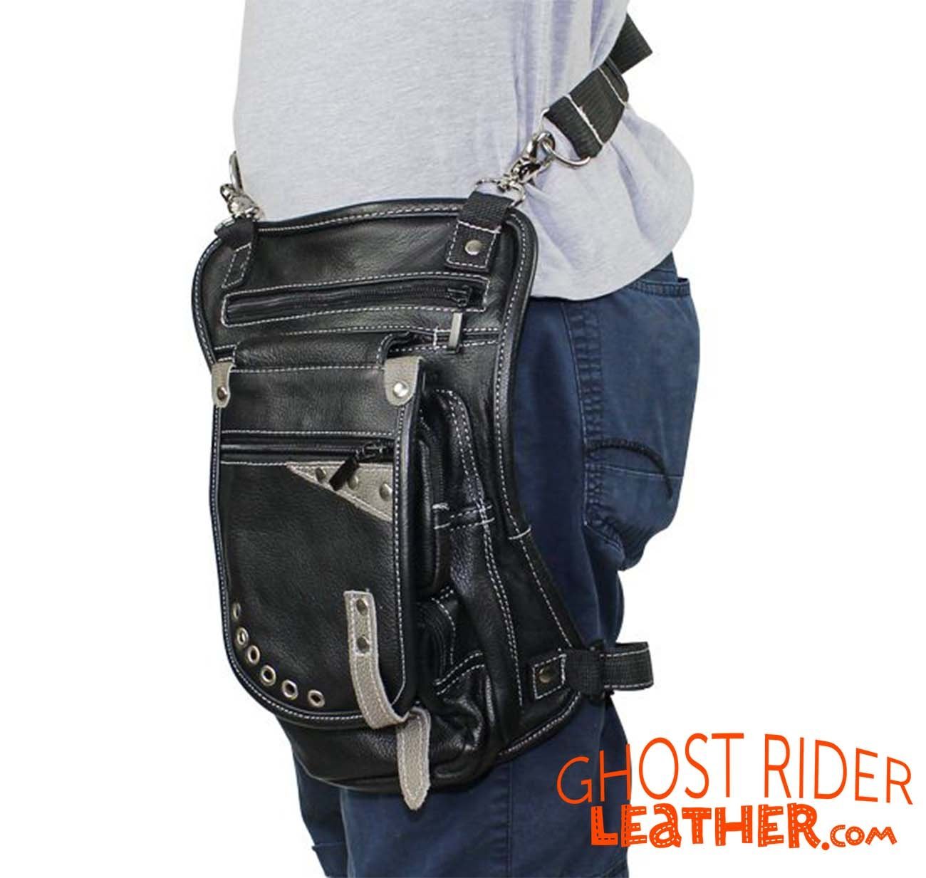 Leather Thigh Bag - Gun Pocket - Black - Touch of Distressed Brown - Motorcycle - AC1029-11-BRN12T-DL - Image 5