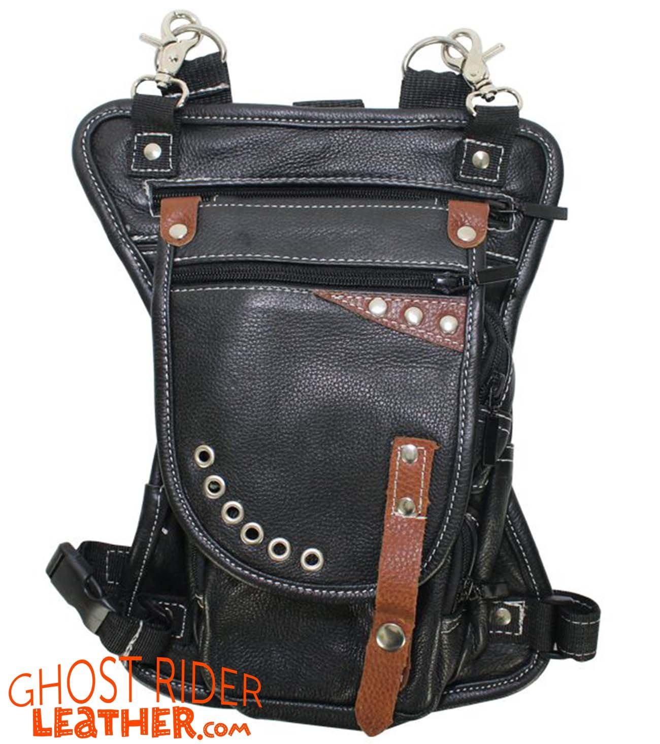 Leather Thigh Bag - Gun Pocket - Black - Touch of Brown - Motorcycle - AC1029-11-BRN3T-DL - Image 3