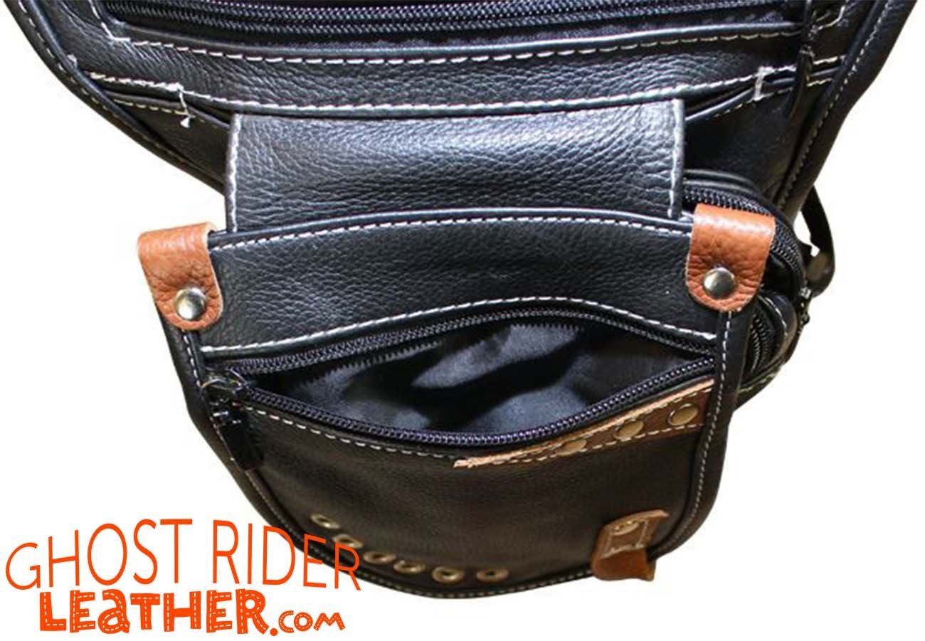 Leather Thigh Bag - Gun Pocket - Black - Touch of Brown - Motorcycle - AC1029-11-BRN3T-DL - Image 12