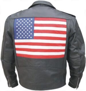 Leather Biker Jacket - Men's - American Flag on Back - AL2018-AL