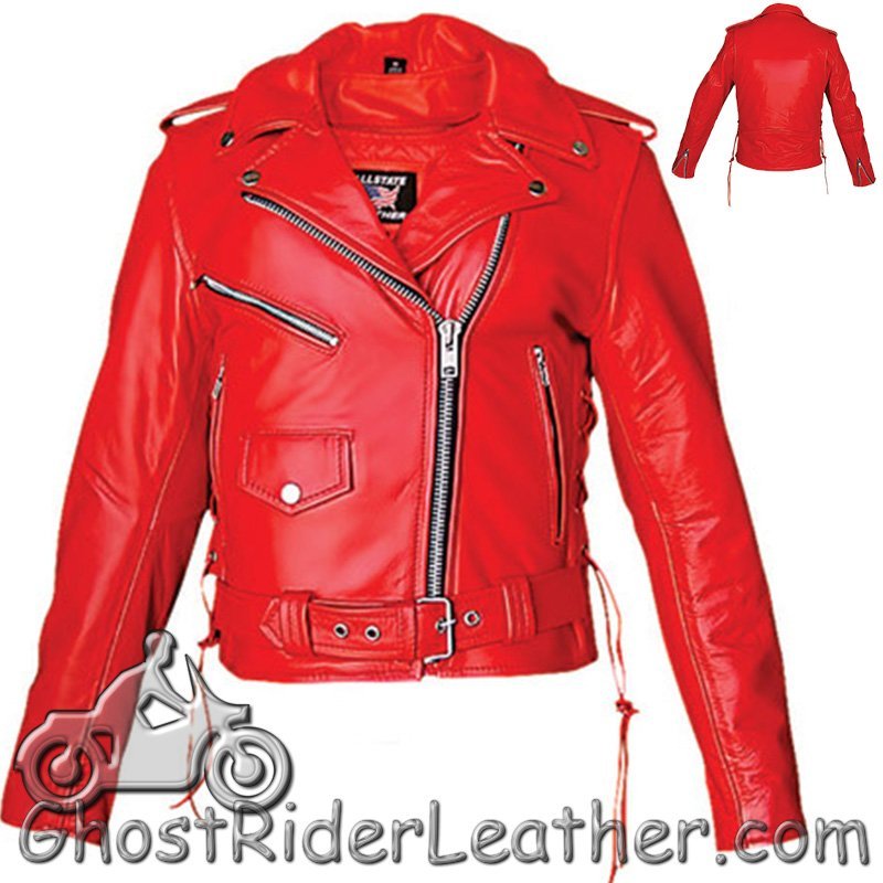 Ladies Classic Biker Red Leather Motorcycle Jacket - SKU AL2122-AL - Image 4