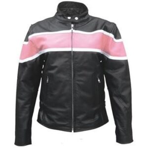 Ladies Racer Biker Leather Jacket With Pink Stripe - SKU AL2173-AL