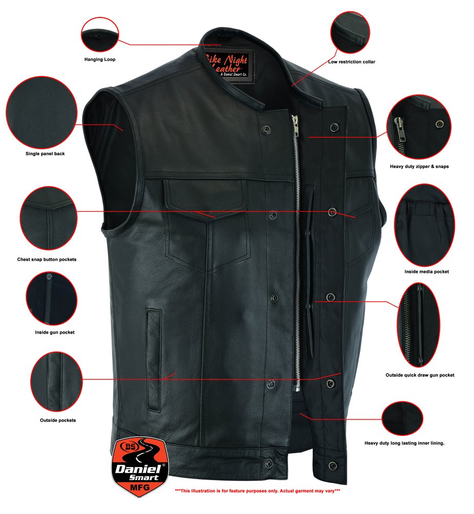 Leather Motorcycle Vest - Men's - Gun Pockets - Up To 12XL - No Collar - Big and Tall - Dawn Run - AM9193-RC - Image 2