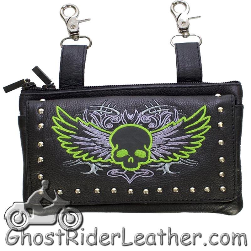 Leather Belt Bag - Lime Green - Flying Skull Design - Handbag - BAG35-EBL10-LIME-DL