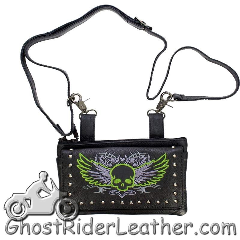 Leather Belt Bag - Lime Green - Flying Skull Design - Handbag - BAG35-EBL10-LIME-DL - Image 2