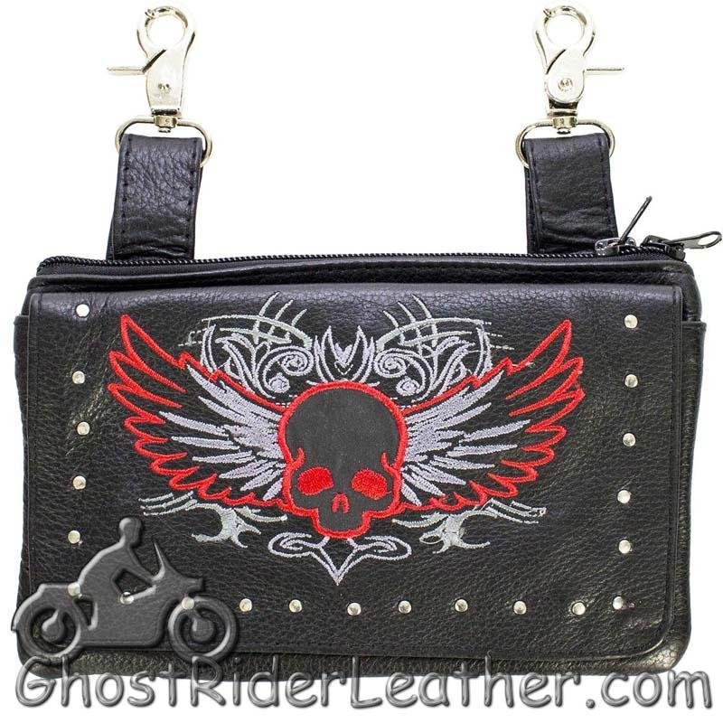 Leather Belt Bag - Red Flying Skull Design - Handbag - BAG35-EBL10-RED-DL