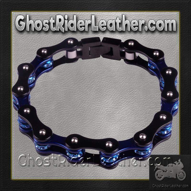 Black and Blue Motorcycle Chain Bracelet with Gemstones - BR42-DL - Image 2