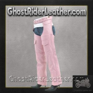 Ladies Pink Leather Motorcycle Chaps With Braid Design - SKU C326-PINK-DL