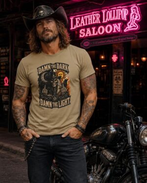 Damn the Dark, Damn the Light Skull Biker T-shirt.