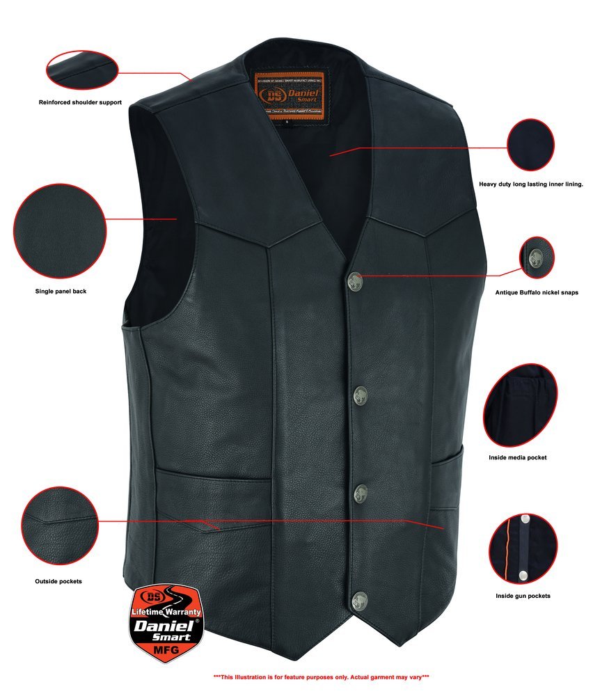 Leather Motorcycle Vest - Men's - Buffalo Nickel Snaps - Gun - Up To 9XL - Back Line - RC115-RC - Image 3