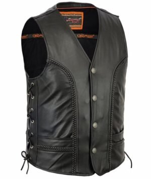 Leather Motorcycle Vest - Men's - Gun Pockets - Braided - Up To 6XL - DS131-DS