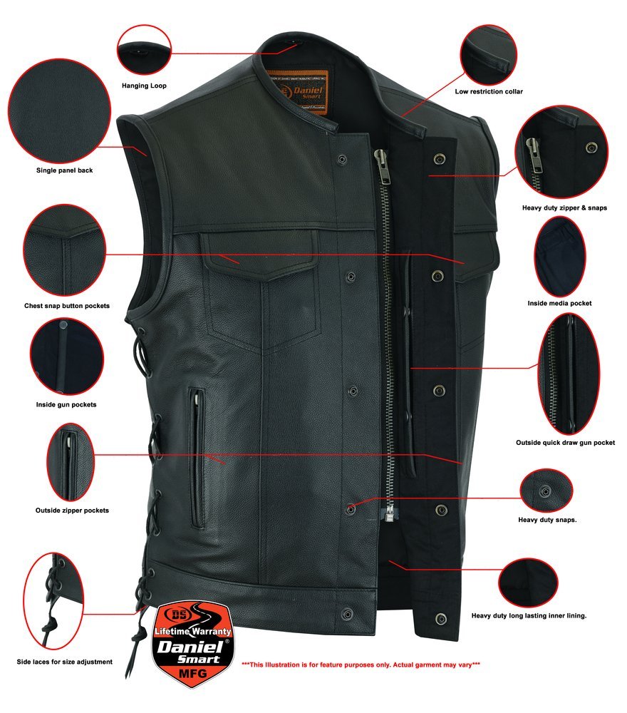 Leather Motorcycle Vest - Men's - Side Laces - Up To 12XL - Big and Tall - Black Armor - RC178-RC - Image 3