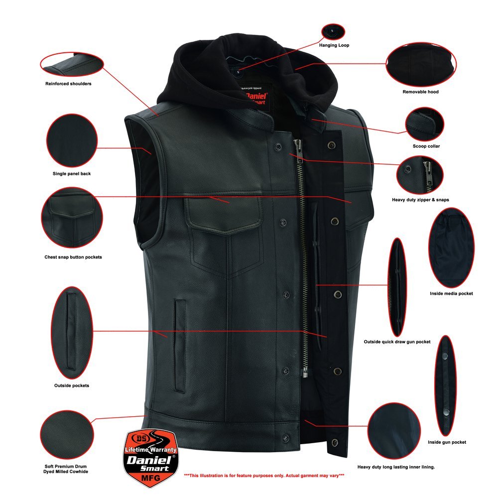 Leather Motorcycle Vest - Men's - Gun Pockets - Hoodie - Up To 12XL - Big and Tall - Versa - RC182-RC - Image 4