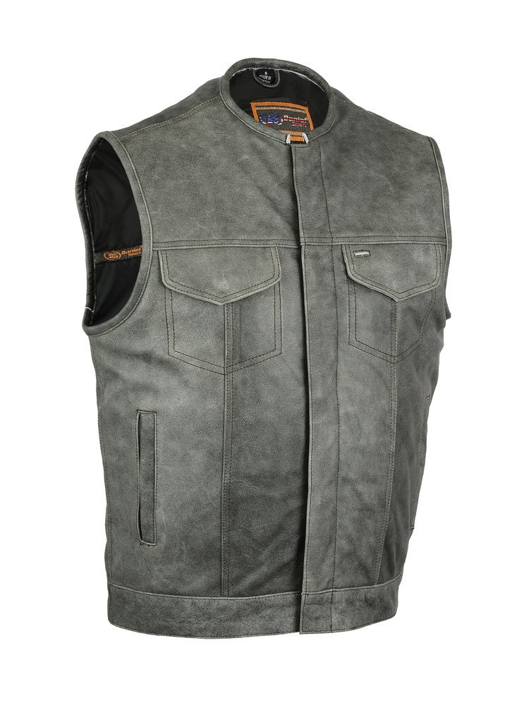 Leather Motorcycle Vest - Men's - Gray - Gun Pockets - Up To 12XL - Vintage - RC191V-RC