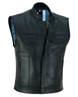 Leather Motorcycle Vest - Men's - Men's Leather Motorcycle Vest - USA Flag - Skull Lining - Up To 8XL - Black Rune Private - RC193-RC