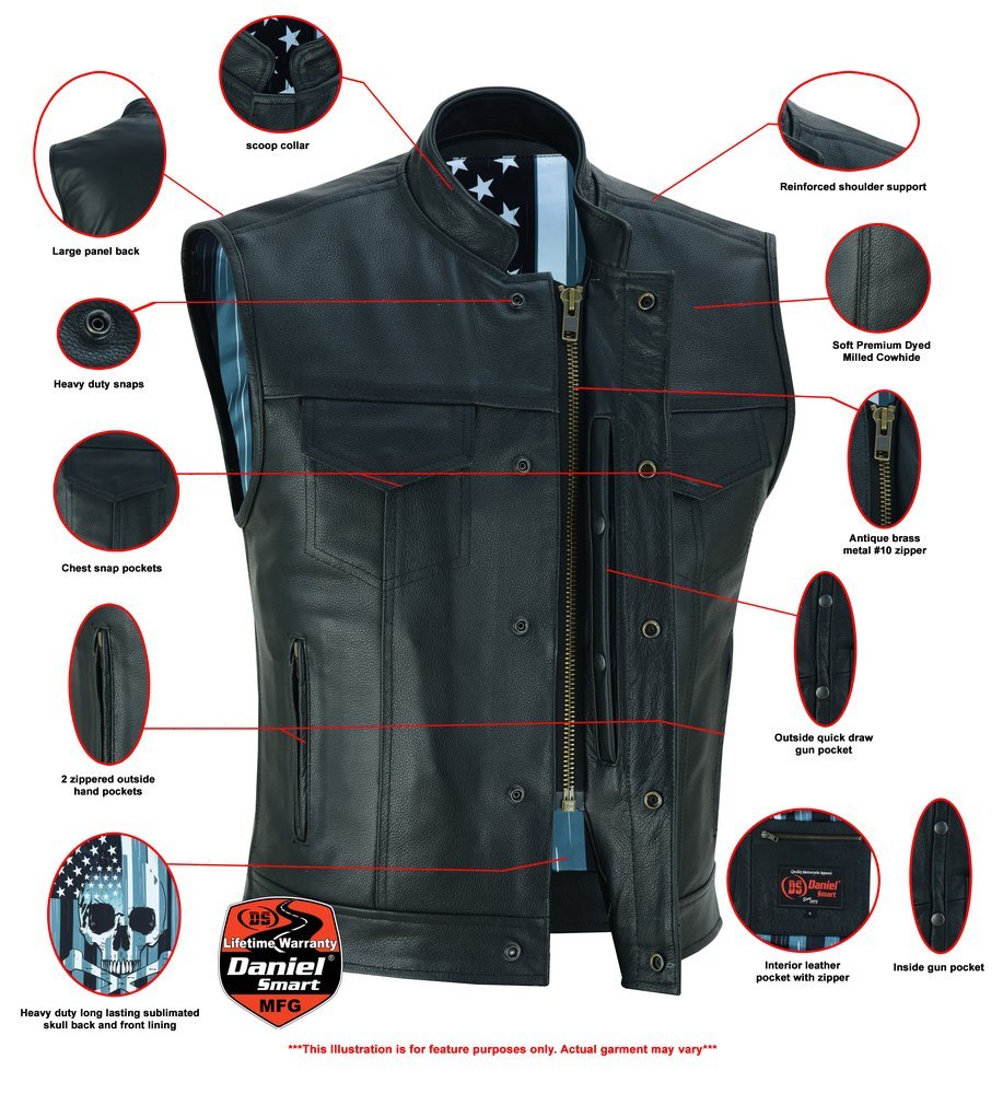 Leather Motorcycle Vest - Men's - Men's Leather Motorcycle Vest - USA Flag - Skull Lining - Up To 8XL - Black Rune Private - RC193-RC - Image 3