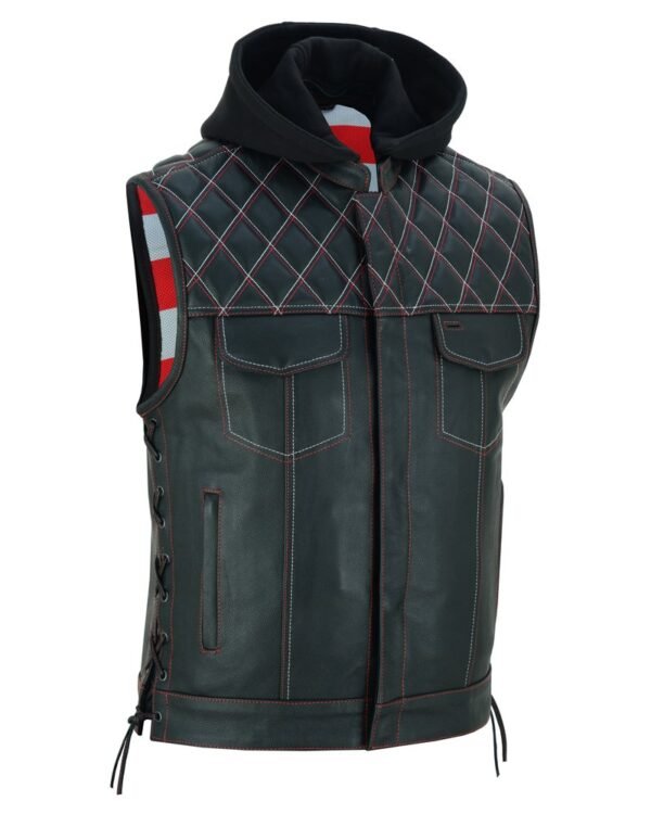 Leather Motorcycle Vest - Men's - Road Edge - USA Flag Liner - Hoodie - Up To 8XL - Highway Bound - RC194-RC