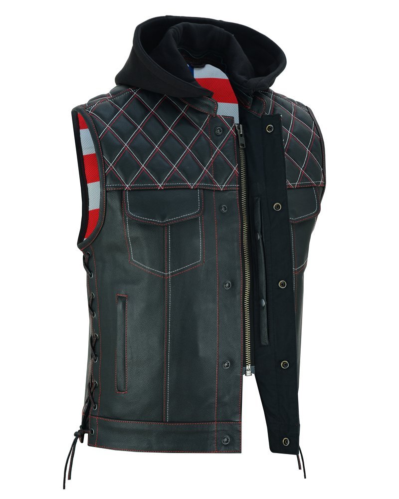 Leather Motorcycle Vest - Men's - Road Edge - USA Flag Liner - Hoodie - Up To 8XL - Highway Bound - RC194-RC - Image 3