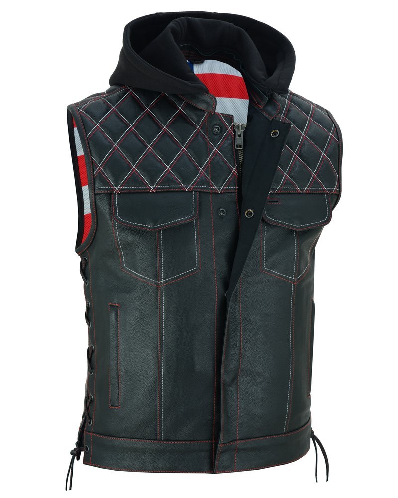 Leather Motorcycle Vest - Men's - Road Edge - USA Flag Liner - Hoodie - Up To 8XL - Highway Bound - RC194-RC - Image 6