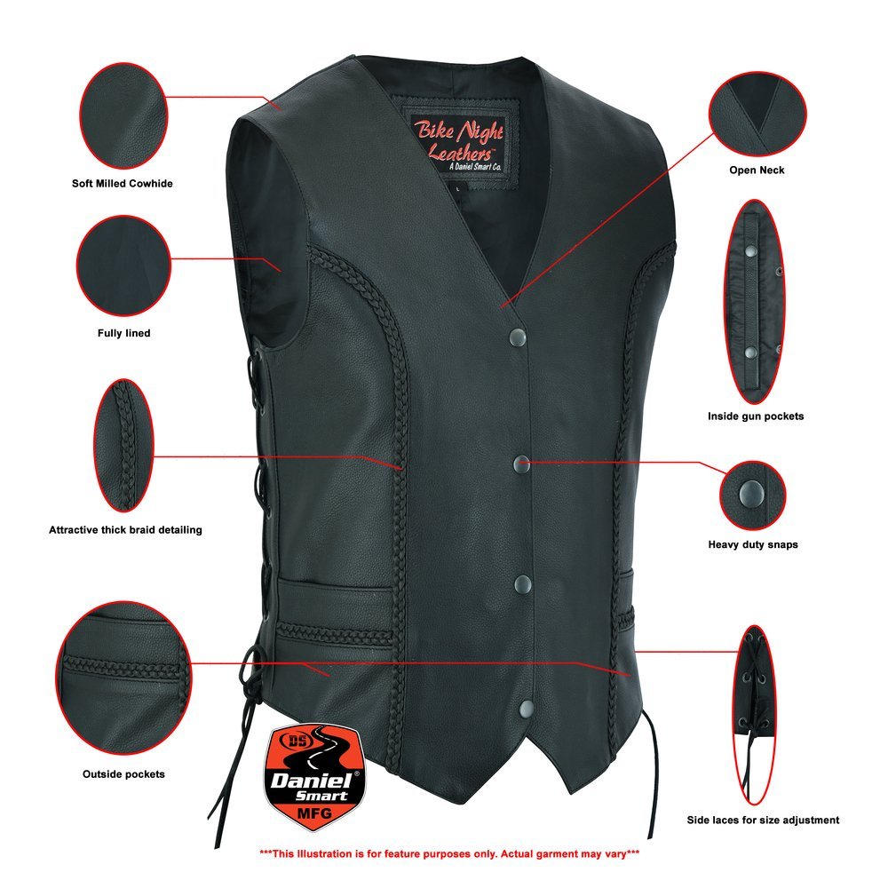 Leather Vest - Women's - Braid Design - Side Laces - Gun Pockets - DS219-DS - Image 2
