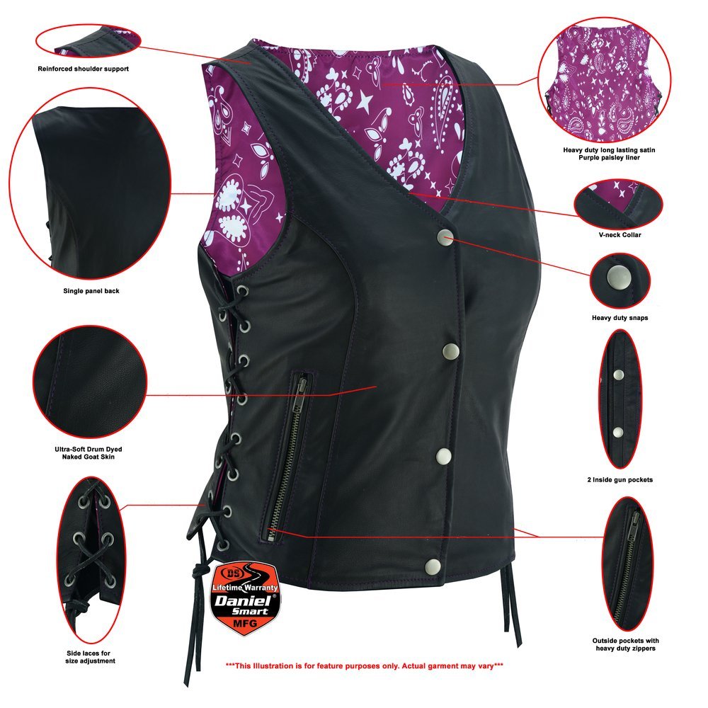 Leather Vest - Women's - Gun Pockets - Purple Paisley Liner - DS261-DS - Image 2