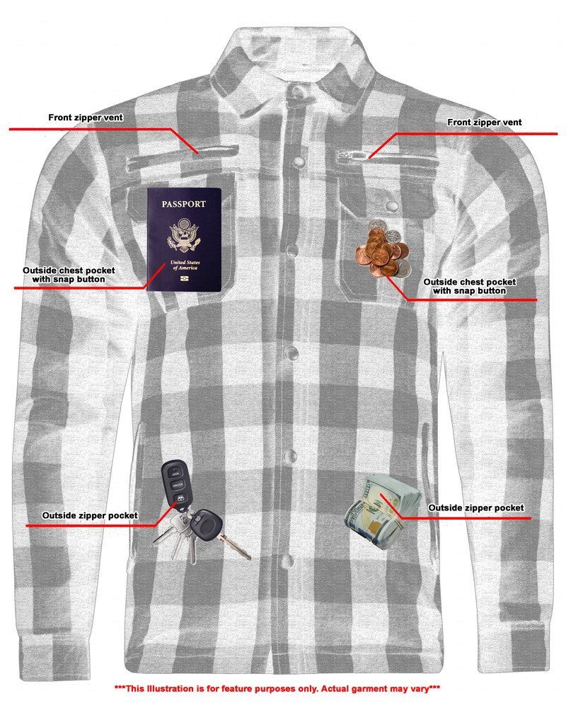 Flannel Motorcycle Shirt - Men's - Armor Pockets - Gun Pockets - Up To Size 6XL - Black Gray Plaid - DS4670-DS - Image 3