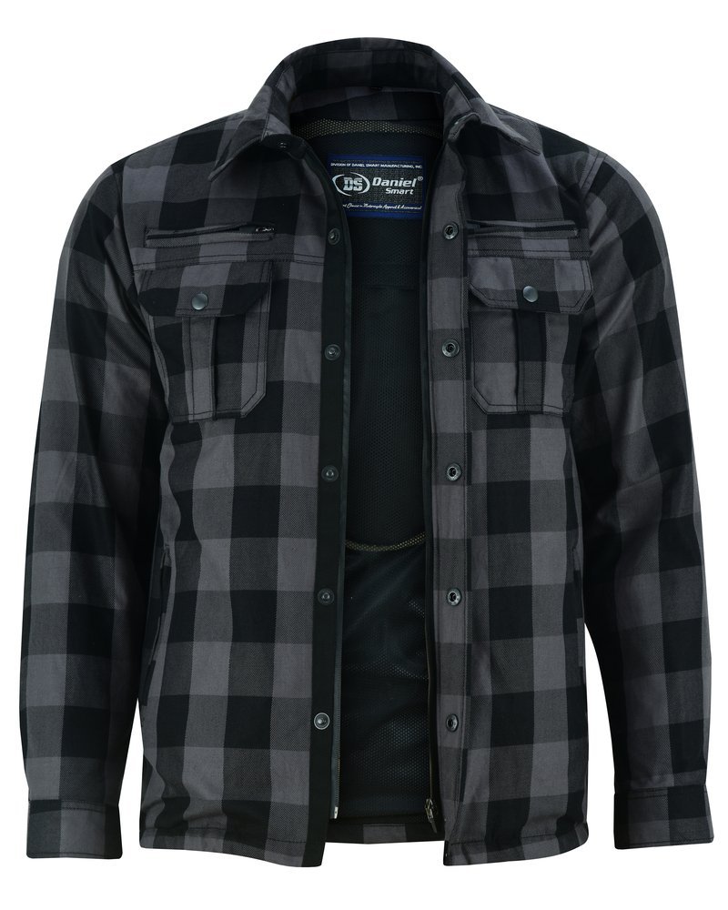 Flannel Motorcycle Shirt - Men's - Armor Pockets - Gun Pockets - Up To Size 6XL - Black Gray Plaid - DS4670-DS - Image 8