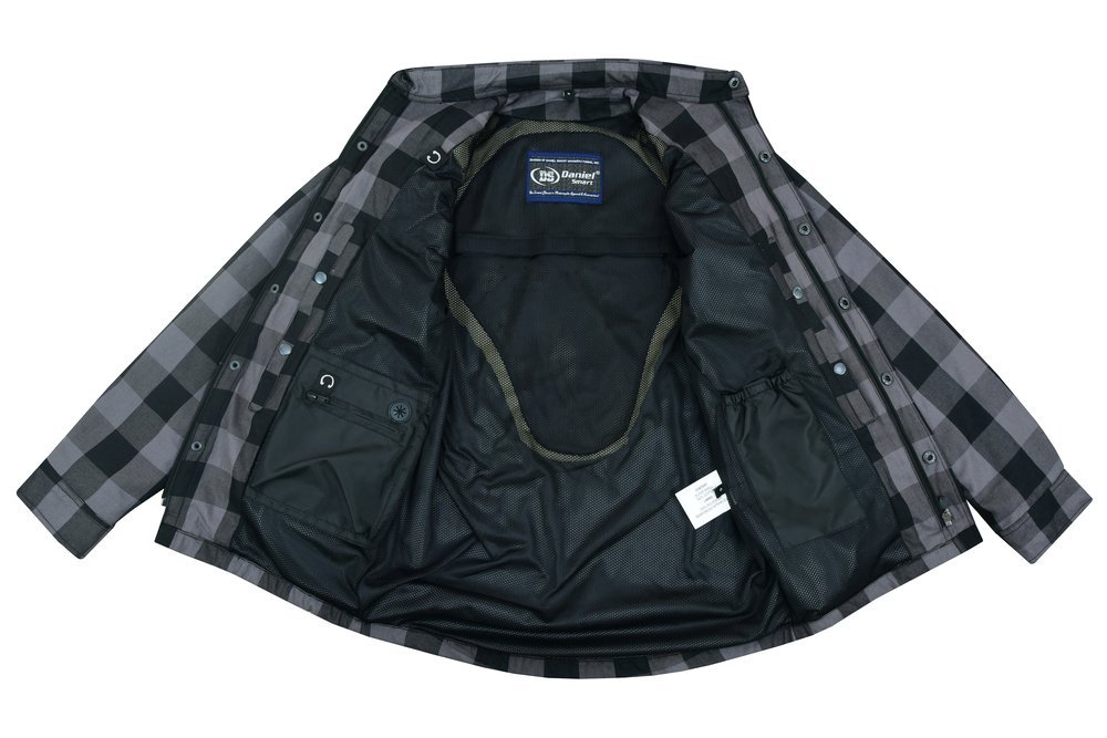 Flannel Motorcycle Shirt - Men's - Armor Pockets - Gun Pockets - Up To Size 6XL - Black Gray Plaid - DS4670-DS - Image 9