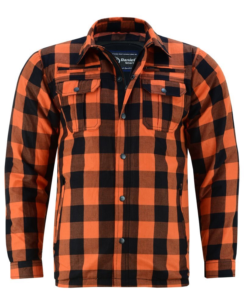 Flannel Motorcycle Shirt - Men's - Armor Pockets - Gun Pockets - Up To Size 5XL - Orange Black Plaid - DS4675-DS - Image 4