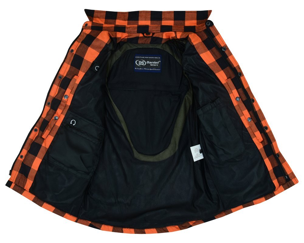 Flannel Motorcycle Shirt - Men's - Armor Pockets - Gun Pockets - Up To Size 5XL - Orange Black Plaid - DS4675-DS - Image 6