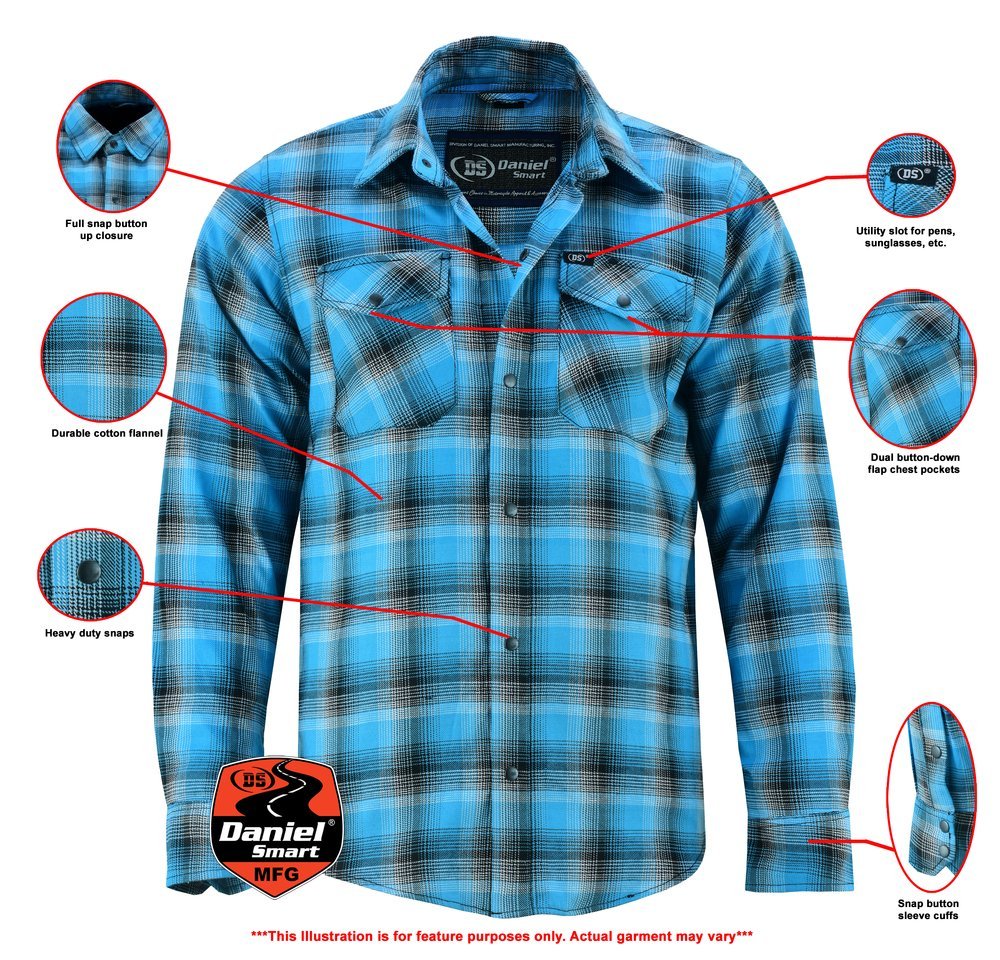 Flannel Motorcycle Shirt - Men's - Up To Size 5XL - Blue and Shaded Black Plaid - DS4683-DS - Image 2